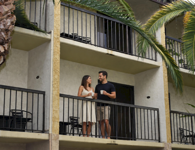 Two people stand on a hotel balcony, chatting beside a palm tree and railings on a sunny day.