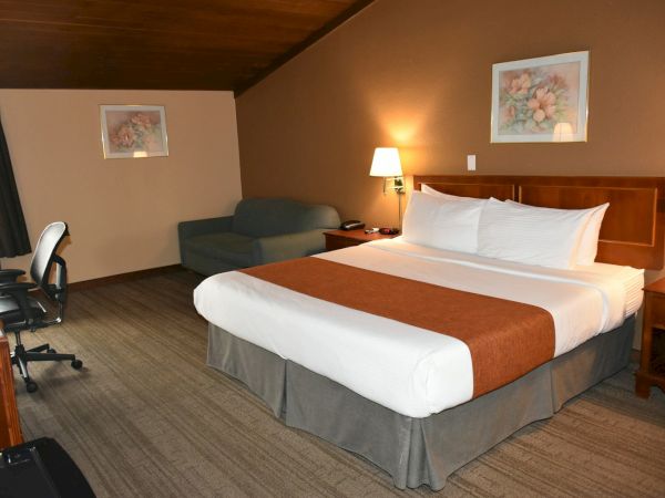A hotel room with a large bed, brown accents, two nightstands, a lamp, a sofa, desk chair, and framed art on tan walls.