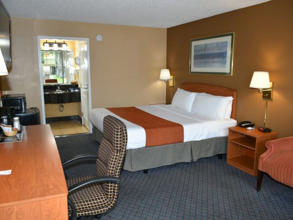 A hotel room with a queen bed, nightstands, lamp lighting, a desk and chair, a small sofa, and an open doorway to a bathroom; neutral tones and a brown accent wall.