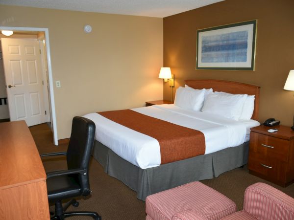 A hotel room with a king bed, brown accent wall, two nightstands, desk and chair, lamps, and pink ottomans in the foreground.